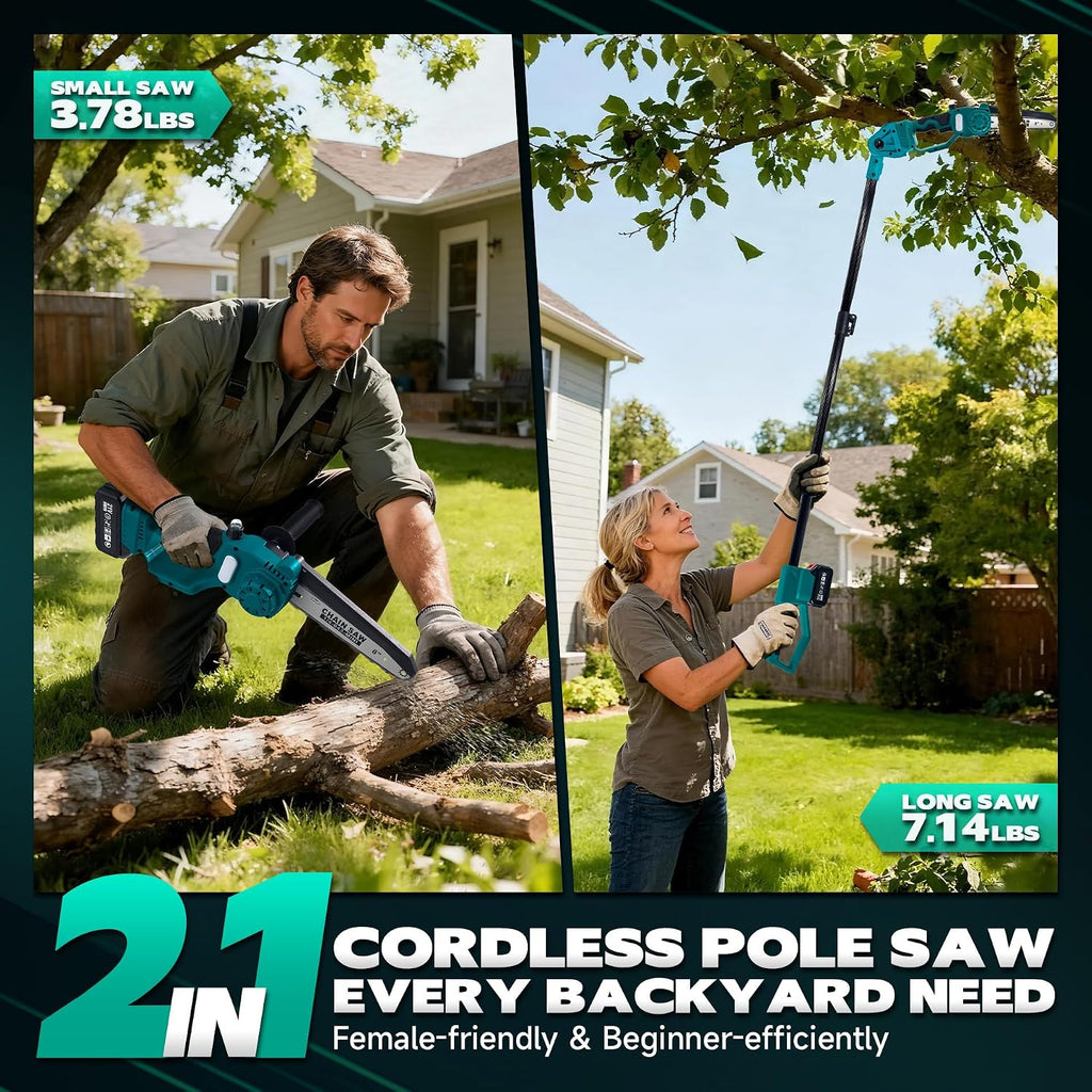 2-in-1 Cordless Pole Saw & 8'' Mini Chainsaw with Extension Pole for Tree Trimming,Electric Pole Chainsaw for Tree Branches with 2x4.0Ah Batteries, Auto Lubrication,Max15Ft Reach,Ideal Gift for Men.