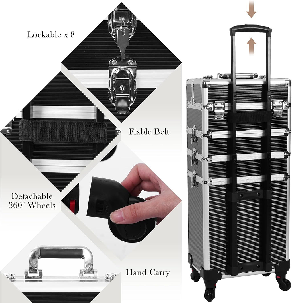 5-in-1 Rolling Makeup Train Case, Large Professional Cosmetic Trolley Organizer on Wheels with 360° Swivel Wheels, Lockable Black Aluminum Travel Case for Makeup Artists, Nail Techs & Hairstylists