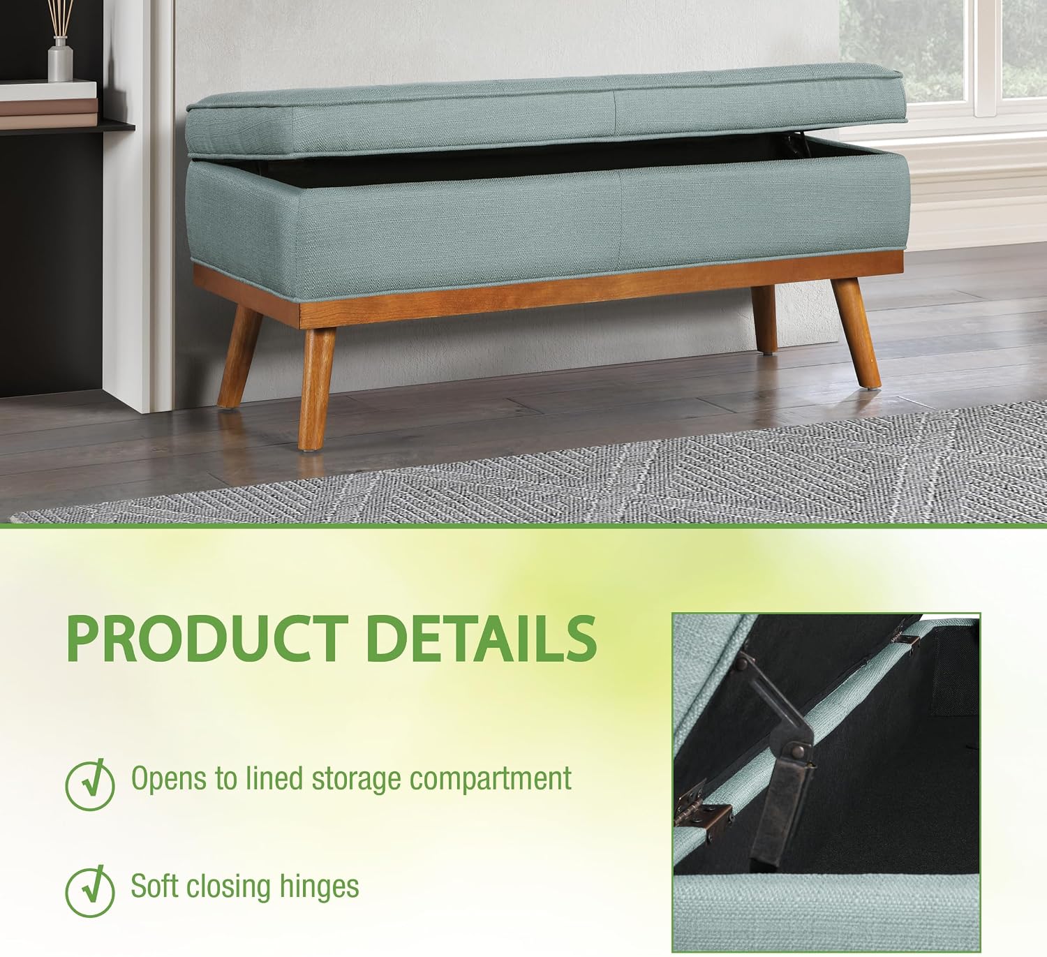 OSP Home Furnishings Katheryn Mid-Century Modern Storage Bench with Tufted Seat and Wood Legs, Sea Blue Fabric