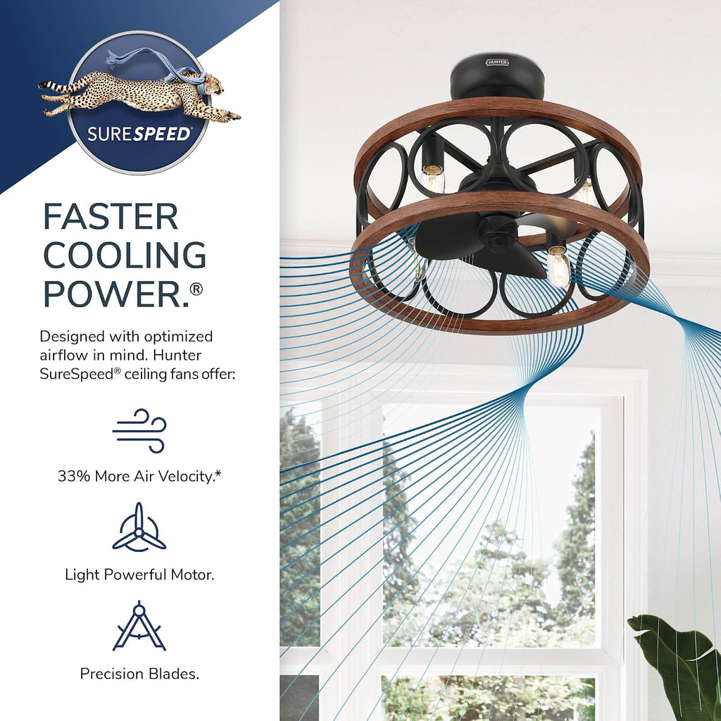 Hunter Haven 22 inch Indoor Fandelier Caged Ceiling Fan with Light and Remote, Matte Black Ceiling Fan with Wood Accents, Industrial Farmhouse Style for Bedrooms, Living Rooms, and Home Offices, 50105