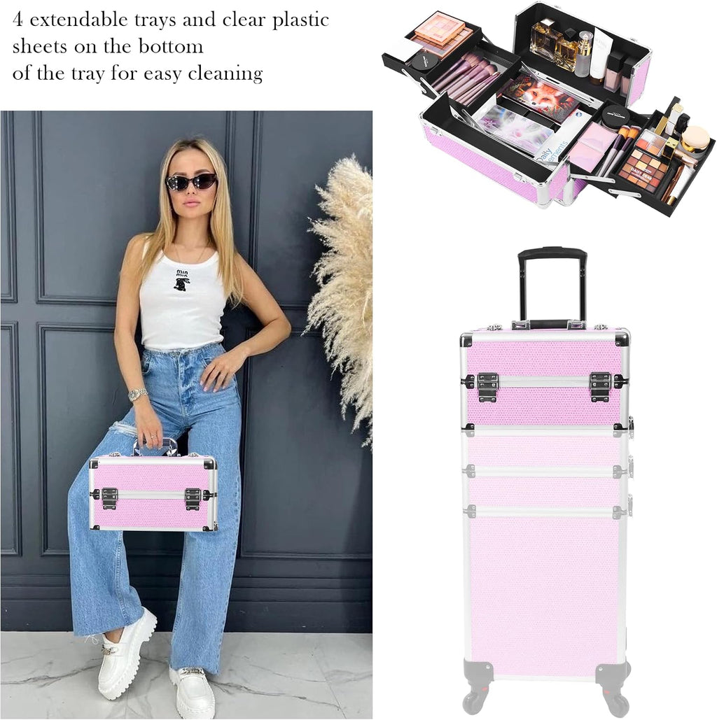Professional Rolling Makeup Case with Wheels, 5-in-1 Makeup Train Case, Cosmetic Makeup Trolley Cart Travel Cosmetology Case On Wheels with Key for Hairstylists, Nail Tech (Pink Crystal)
