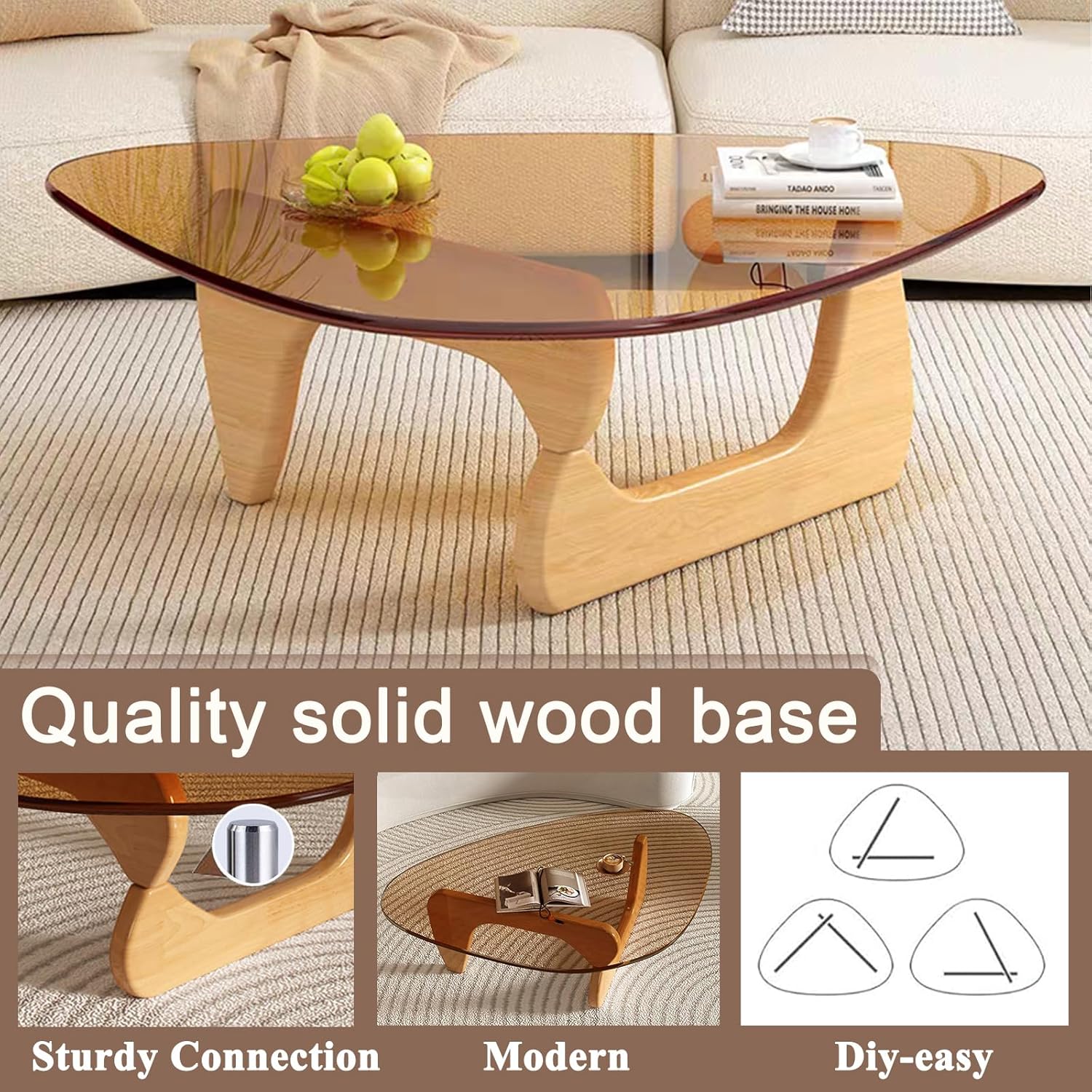 Modern Glass Coffee Table for Living Room, Mid Century Coffee Table, Small Coffee Tables, Suitable for Bedroom Living Room Reception Office Tables (Wood/Brown, Medium 35.8 * 25.5 * 16in)