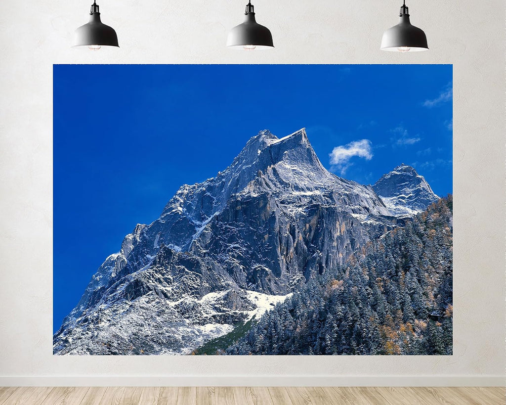Trykid 20x10ft Jagged Rocky Snow-Capped Peaks Backdrop Clear Blue Sky Lush Dense Forest Majestic Mountain Scene Photography Background Nature Inspired Party Decoration Photo Booth Prop Fabric
