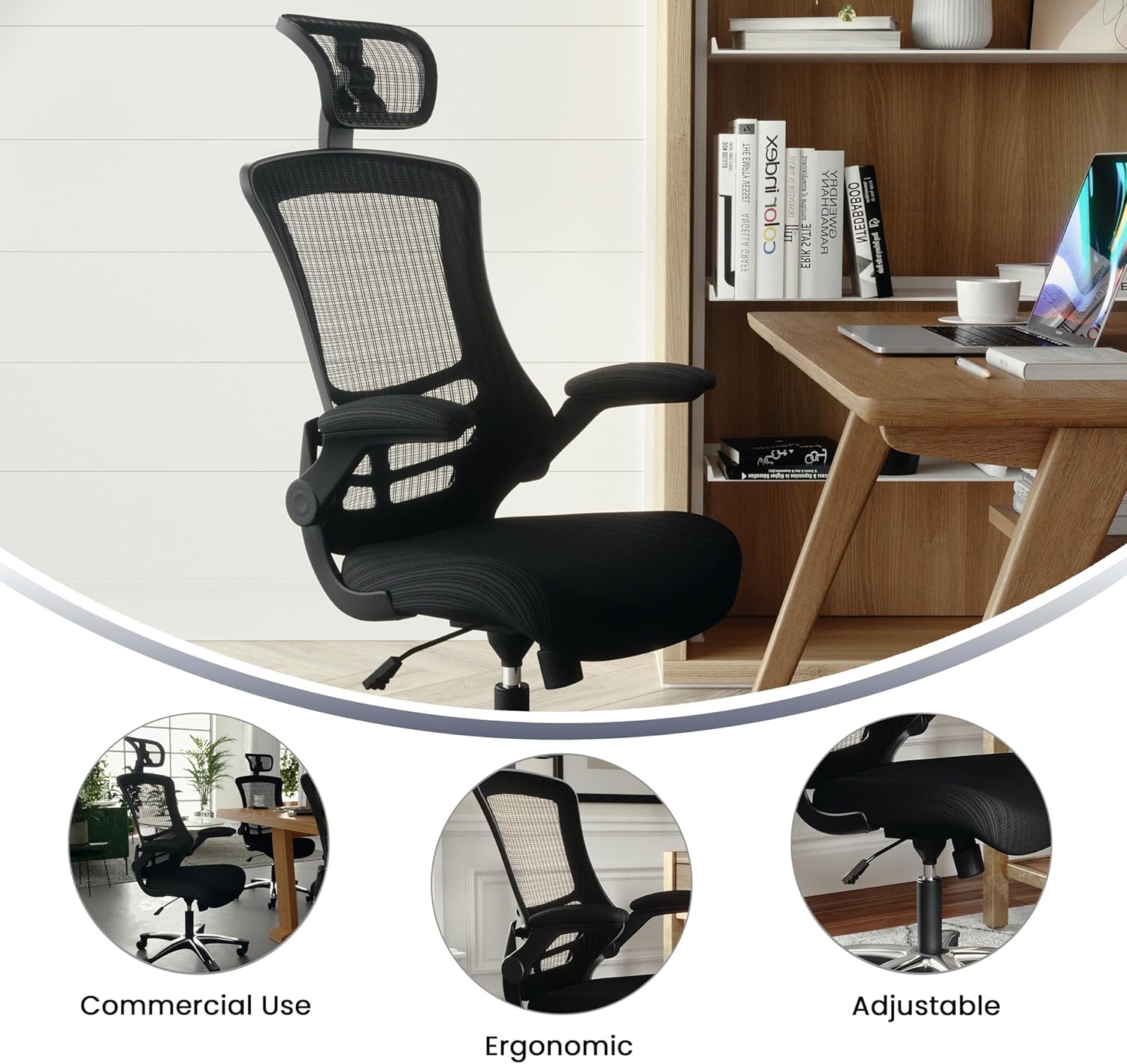 Flash Furniture Kelista High-Back Swivel Office Chair with Adjustable Lumbar Support and Seat Height, Ergonomic Mesh Desk Chair, Black
