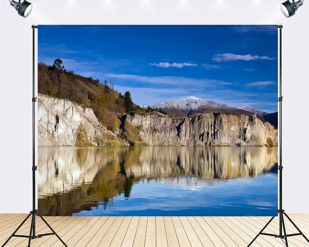 Trykid 20x10ft Cliffside Lake Backdrop Snow Capped Mountain Clear Blue Sky Still Water Reflection Autumn Foliage Photography Background Adventure Theme Party Decoration Photo Booth Prop Fabric
