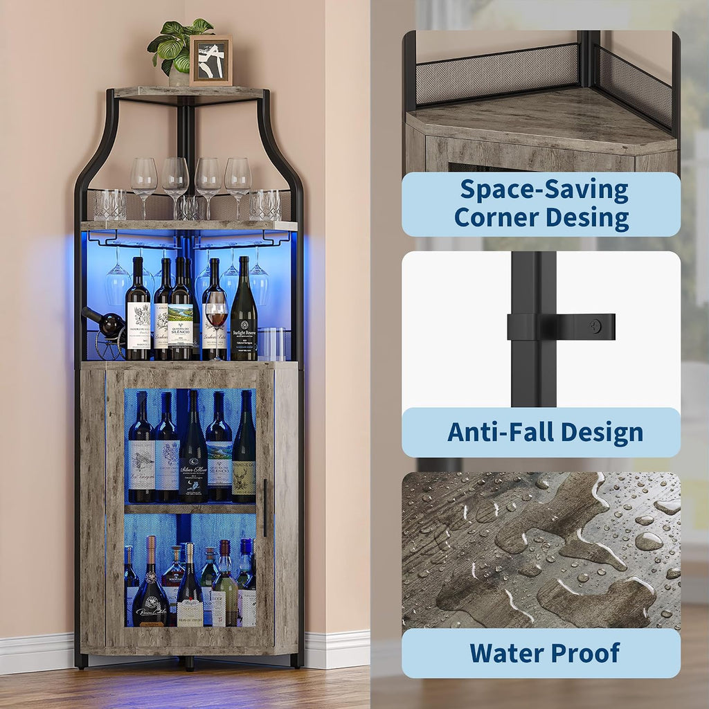 GarveeHome Corner Bar Wine Cabinet with LED Lights, 5-Tier Industrial Wine Cabinet with Glass Holder, Modern Liquor Cabinet with Adjustable Shelf, Home Bar Cabinet with Mesh Door, Grey