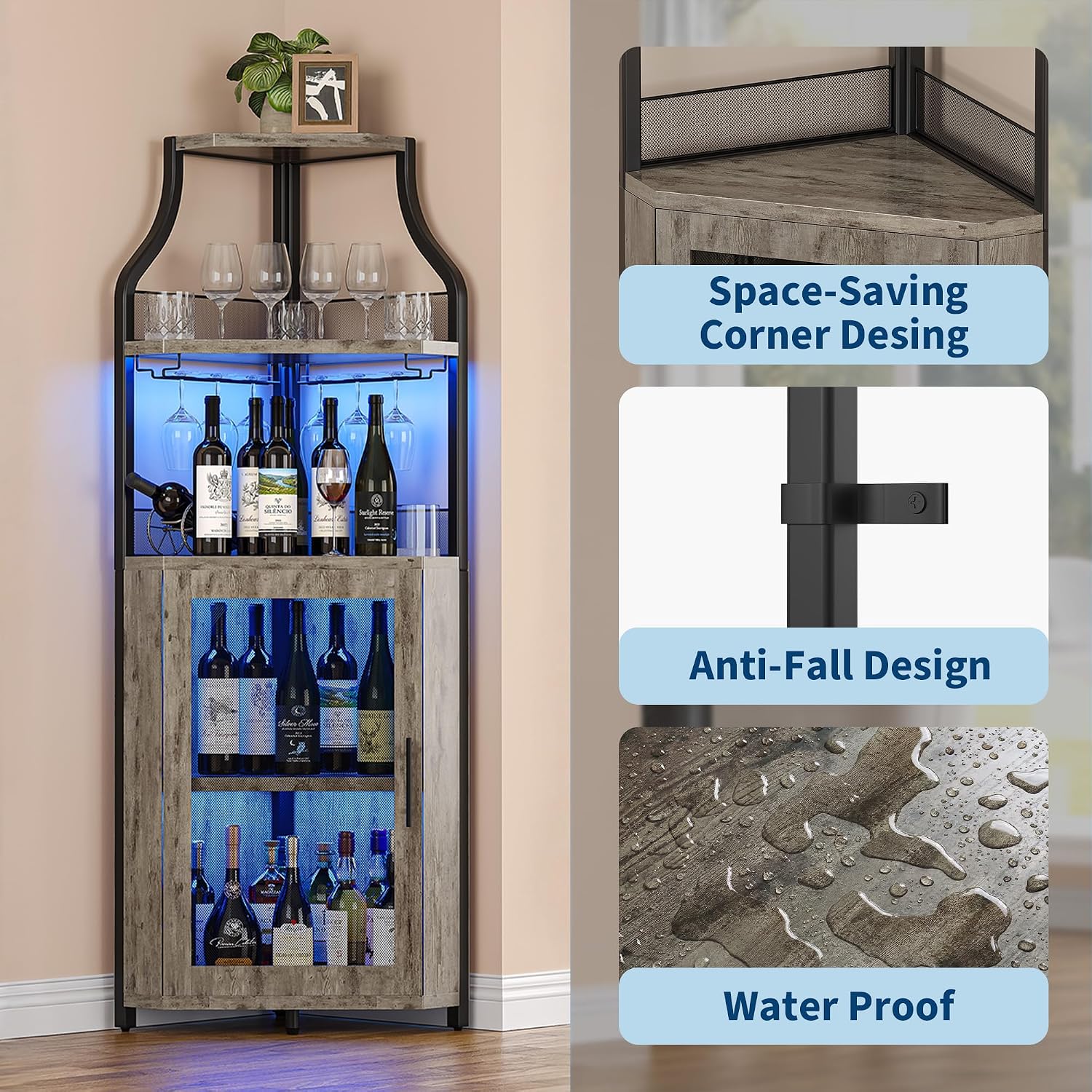 GarveeHome Corner Bar Wine Cabinet with LED Lights, 5-Tier Industrial Wine Cabinet with Glass Holder, Modern Liquor Cabinet with Adjustable Shelf, Home Bar Cabinet with Mesh Door, Grey