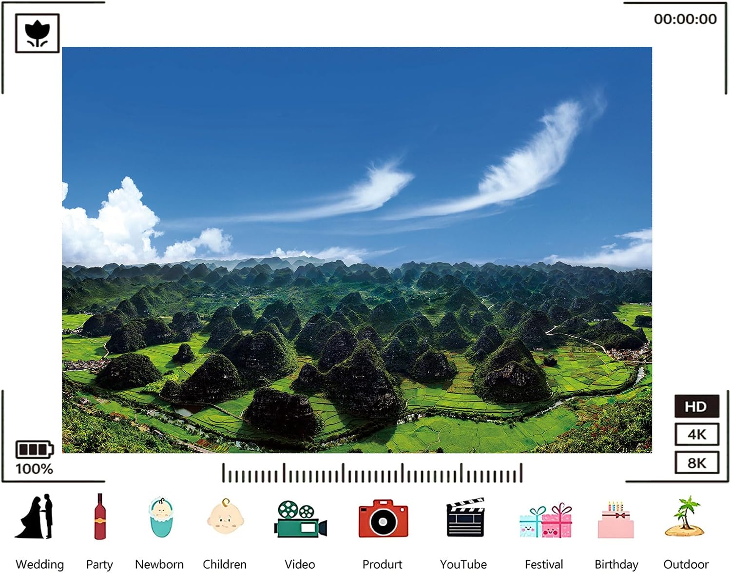 Trykid 20x10ft Karst Peak Forest Rural Backdrop Scenic Green Rice Paddy Rolling Hills Clear Sky Photography Background Farm Themed Party Decoration Photo Booth Prop Fabric