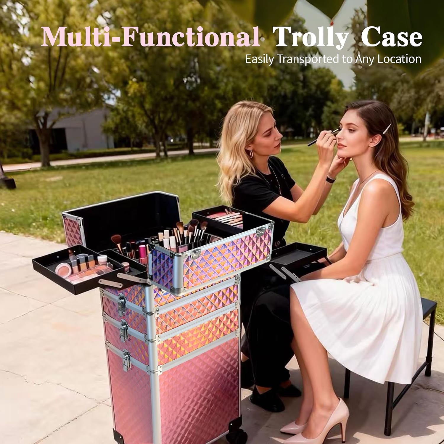 5 in 1 Rolling Makeup Train Case on Wheels Large Cosmetic Organizer Travel Cart for Women Beauty Salon Barber Hairstylist Pink