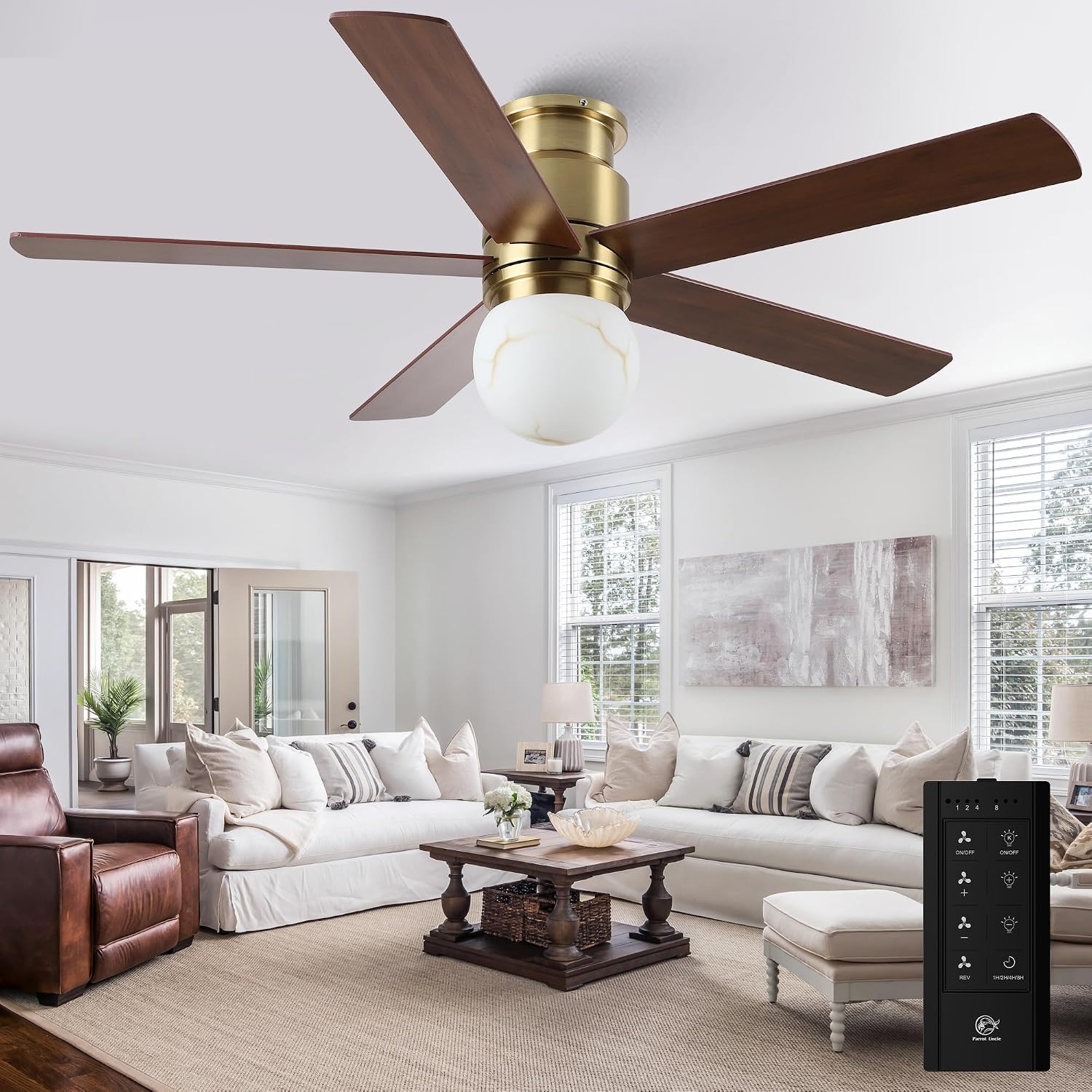 Gold Ceiling Fans with Lights and Remote, 52 Inch Low Profile Ceiling Fan with Light for Bedroom, Flush Mount Ceiling Fan for Living Room Indoor Outdoor, 6-Speed Reversible DC Motor, Dimmable LED 3CCT