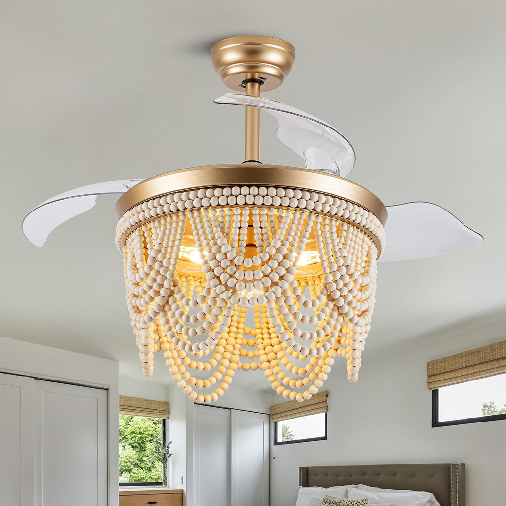 Dawn Whisper Gold Retractable Ceiling Fan with Lights 42 Inch Wood Beaded Boho Chandelier with Fan Farmhouse Style Fandelier for Bedroom Living Room