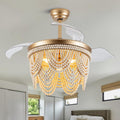 Dawn Whisper Gold Retractable Ceiling Fan with Lights 42 Inch Wood Beaded Boho Chandelier with Fan Farmhouse Style Fandelier for Bedroom Living Room