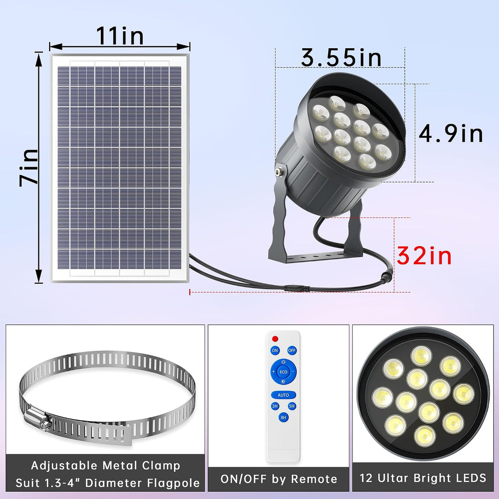 Ofuray Solar Flag Pole Light 3In1 Design, Brightest Solar Powered Flagpole Light, Dusk to Dawn with Remote Control, Fits 0.5'-4' Flagpole for House Inground