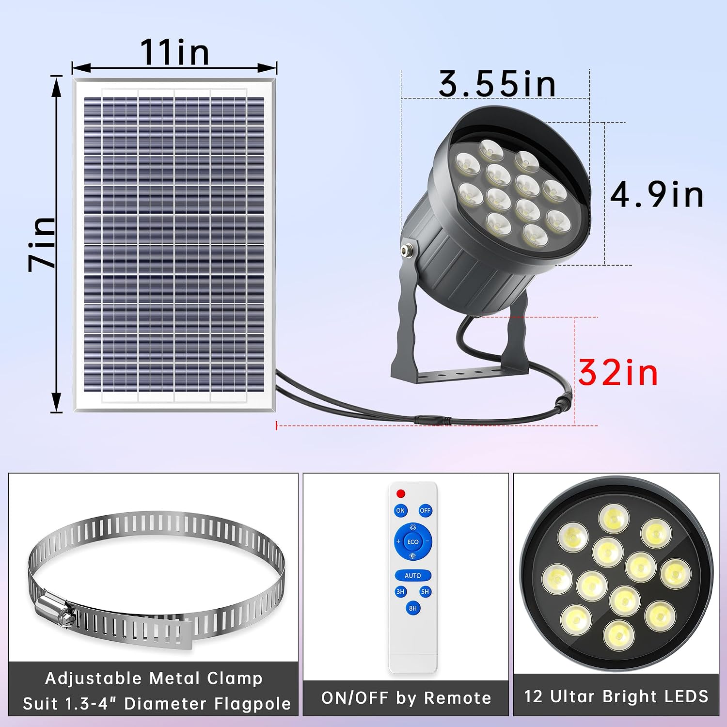 Ofuray Solar Flag Pole Light 3In1 Design, Brightest Solar Powered Flagpole Light, Dusk to Dawn with Remote Control, Fits 0.5'-4' Flagpole for House Inground