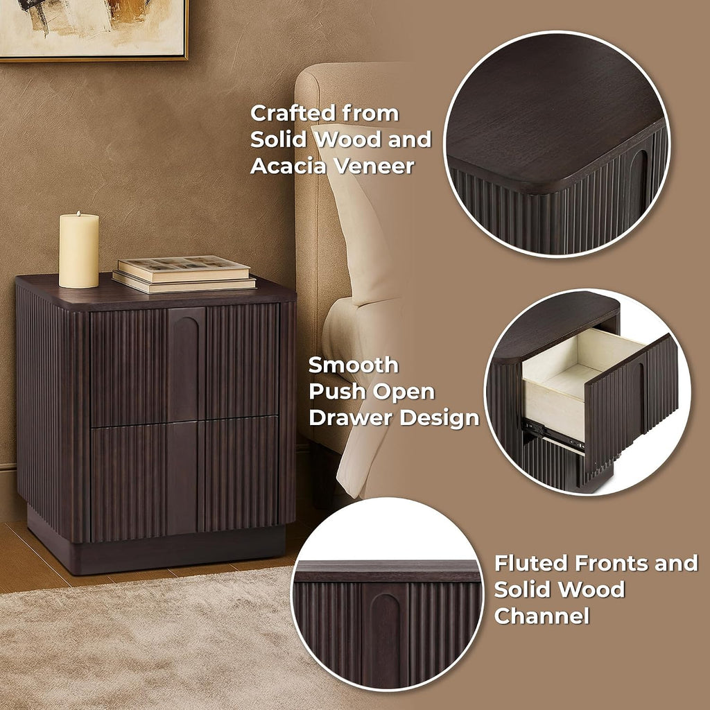 Teamson Home 20'' W Modern Storage 2-Drawer Push to Open Nightstand with Solid Wood Frame, Bedside Table Bedroom Furniture with Reeding Pattern in Scandinavian Style, Espresso