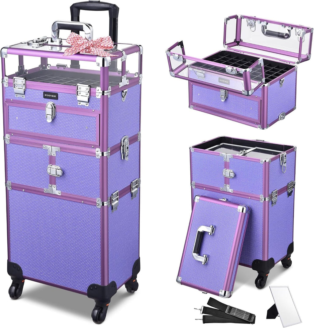 BYOOTIQUE 2in1 Nail Polish Organizer Rolling Makeup Train Case Manicure Cosmetic Trolley Travel Organizer Nail Case with Clear Lid Extendable Trays 4 removable wheels 54 Slots (Purple)