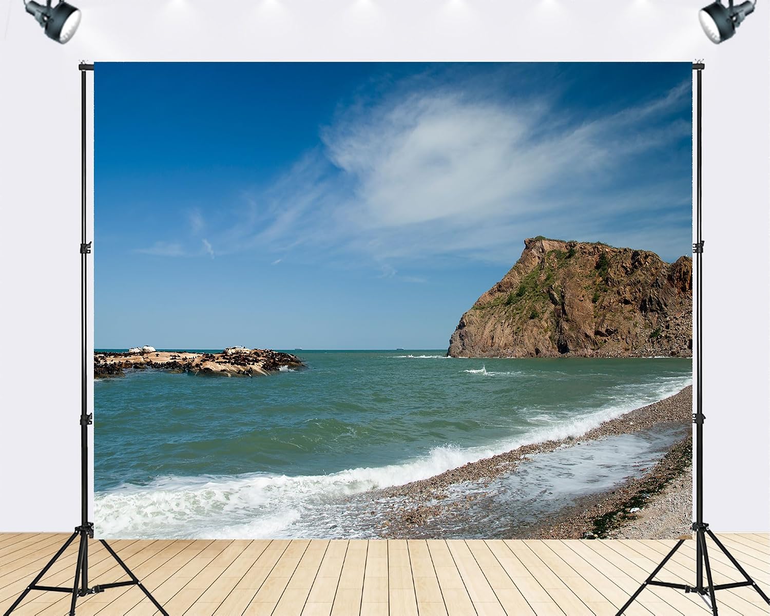 Trykid 20x10ft Coastal Rocks Blue Sea Backdrop Waves Pebble Beach Cliffs Clear Sky Photography Background Seaside Nature Exploration Tapestry Party Decoration Photo Studio Prop Fabric