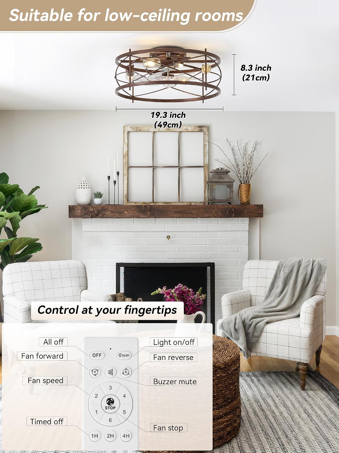 20' Brown Ceiling Fan with Light Flush Mount, Farmhouse Caged Ceiling Fans with Lights and Remote, Bladeless Low Profile Ceiling Fan with 6 Speeds for Bedroom, Living Room, Nursery