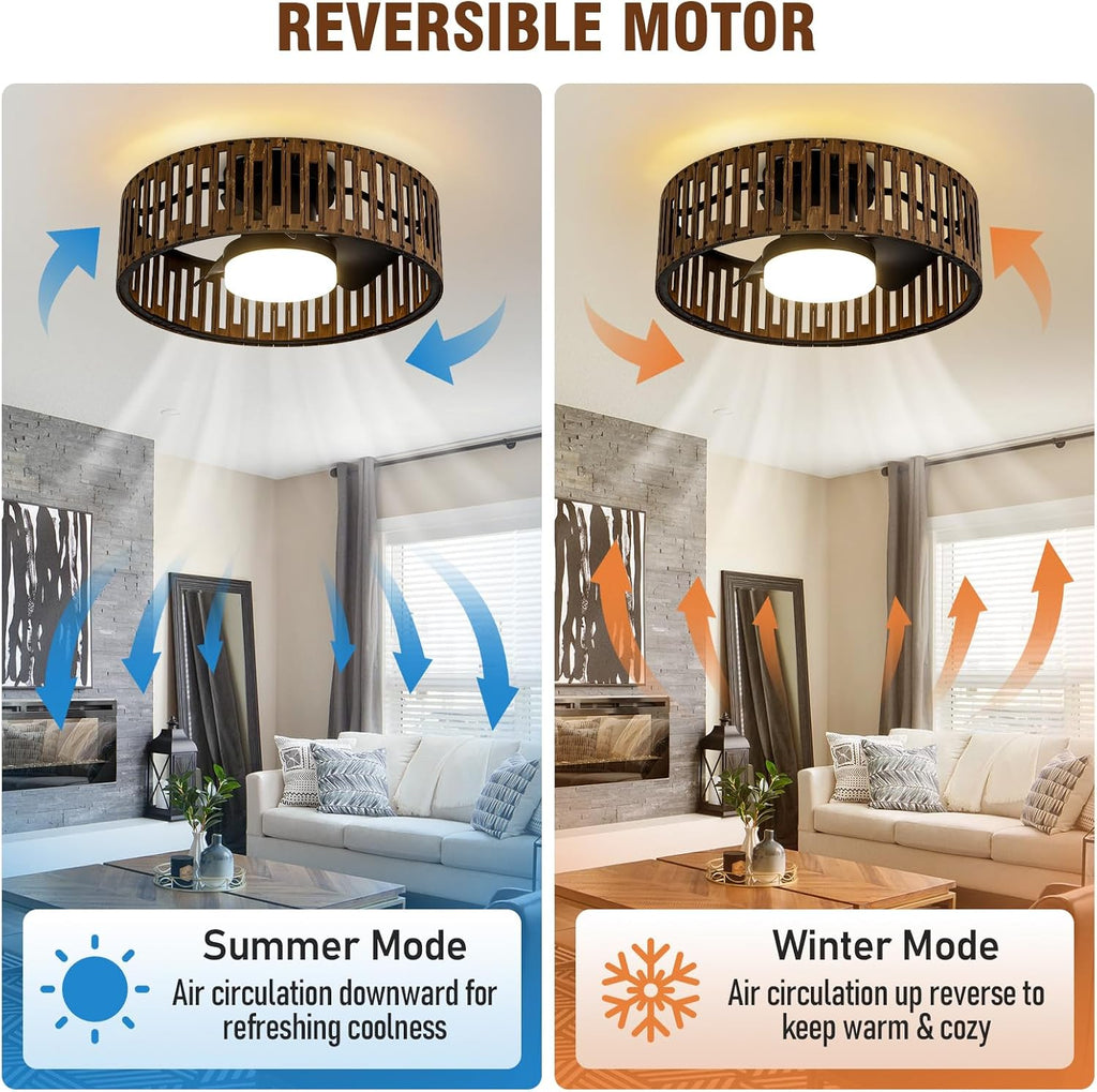 fandelier ceiling fan with light,low profile ceiling fans with led lights,boho ceiling fan,farmhouse 20' caged bladeless ceiling fan with remote for Bedroom Kitchen Kid's Room