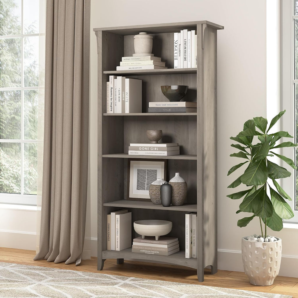 Bush Home Salinas 5 Shelf Bookcase in Driftwood Gray, Tall Bookshelf, Large Book Shelf for Living Room, Home Office, or Entryway
