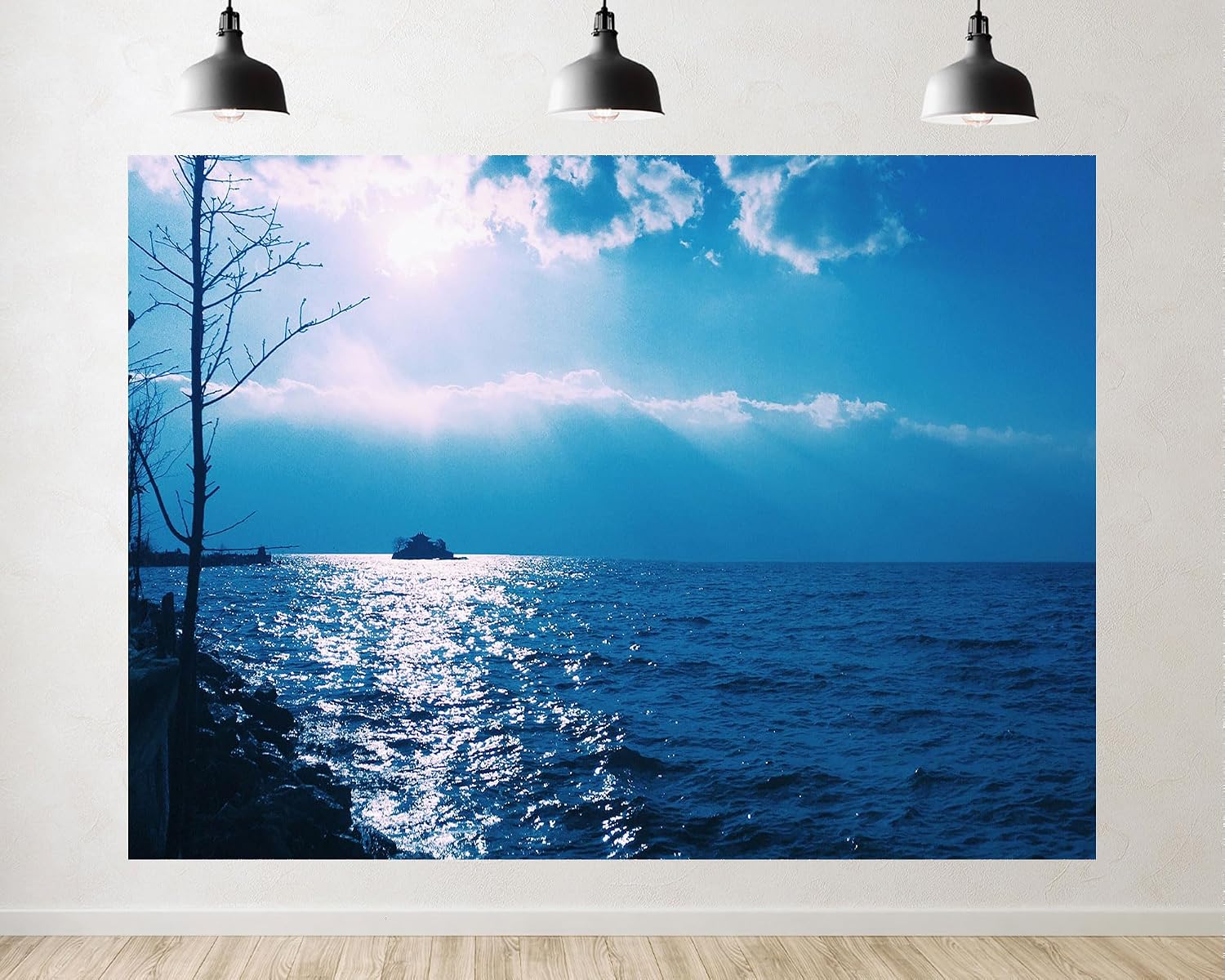 Trykid 20x10ft Blue Sea Sun Glow Island Backdrop Shimmering Waterfront Scenery Clear Sky Coastal Landscape Photography Background Home Leisure Activity Party Decoration Photo Booth Prop Fabric