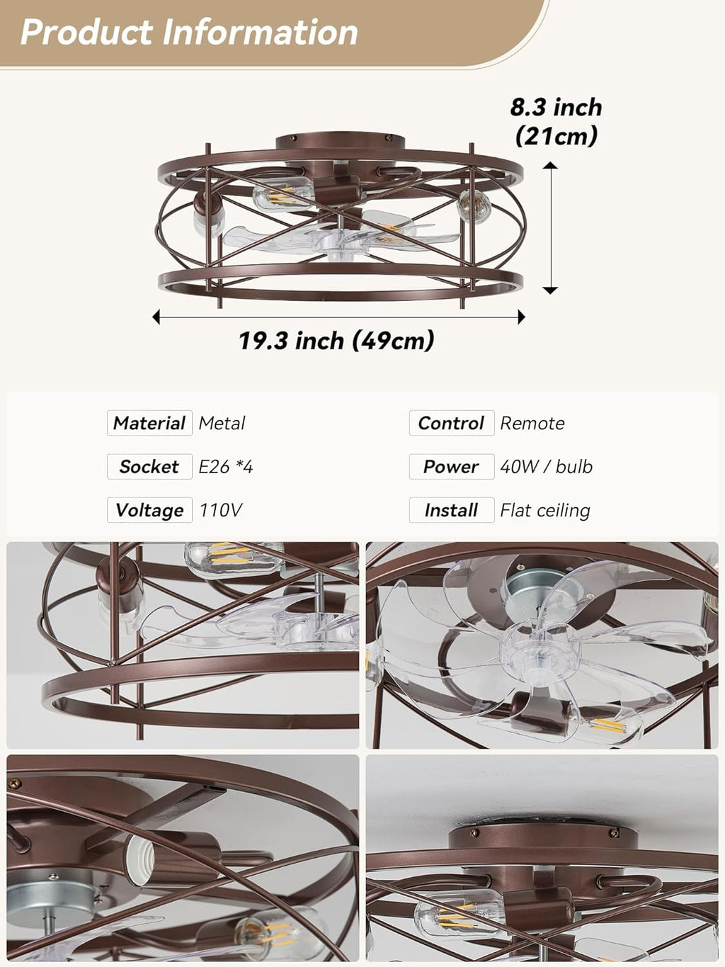 20' Brown Ceiling Fan with Light Flush Mount, Farmhouse Caged Ceiling Fans with Lights and Remote, Bladeless Low Profile Ceiling Fan with 6 Speeds for Bedroom, Living Room, Nursery