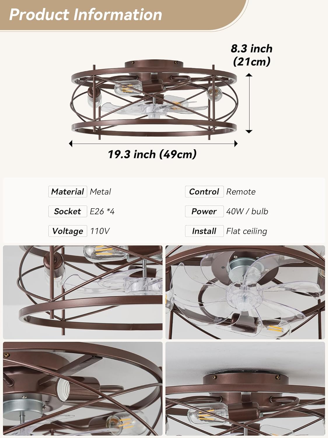 20' Brown Ceiling Fan with Light Flush Mount, Farmhouse Caged Ceiling Fans with Lights and Remote, Bladeless Low Profile Ceiling Fan with 6 Speeds for Bedroom, Living Room, Nursery
