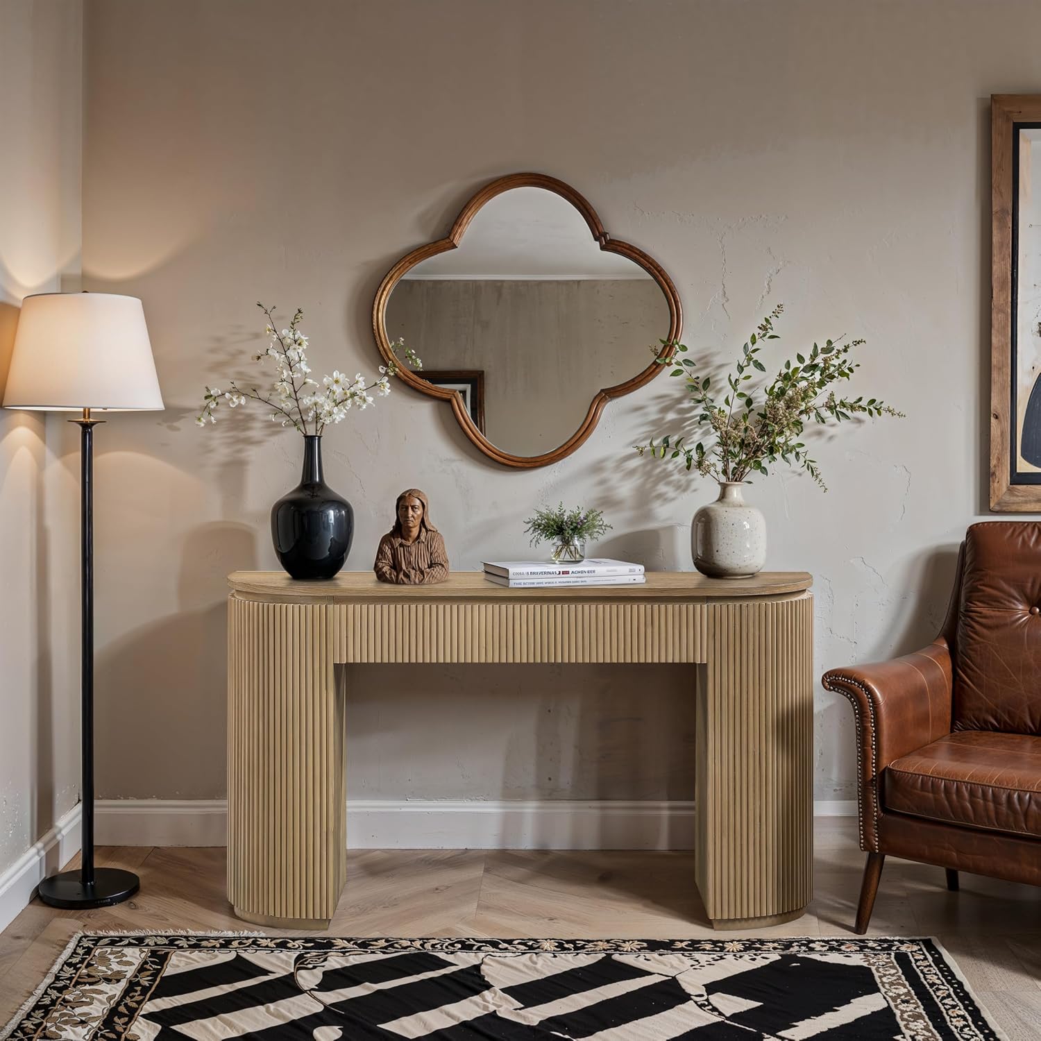 Meridian Furniture 818Oak-T Astrid Collection Modern | Contemporary Vanity/Desk/Console Table with Rich Natural Oak Finish, Solid Wood and Oak Veneer, Fluted Design, 52' W x 14' D x 30' H, Natural