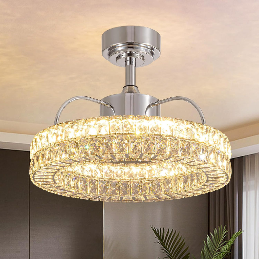 LUDOMIDE Crystal Ceiling Fans with Lights, 21' Fandelier Ceiling Fan with Light and Remote 6-Speed Wind, Dimmable LED, Chandelier Ceiling Fan for Bedroom Dining Room Living Room