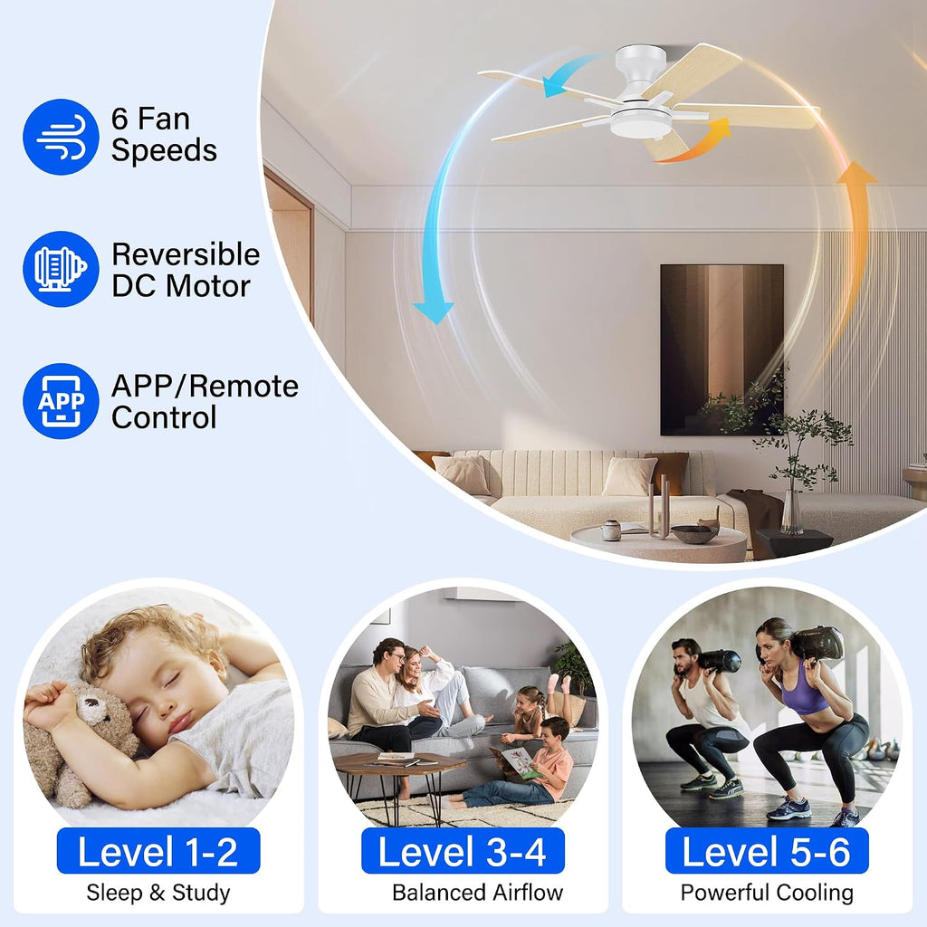 42 Inch Ceiling Fans with lights,RGB Low Profile Ceiling Fan with Light and Remote Control,APP,White Flush Mount Ceiling Fans for Modern Bedroom,Patio,Porch,Outdoor Indoor Use,Dimmable LED,6 Speed