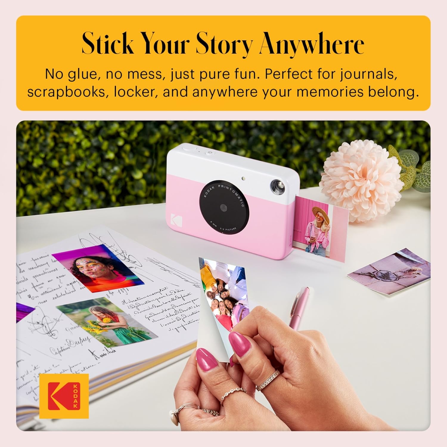 KODAK Printomatic Full-Color Instant Print Camera Gift Bundle + Soft Case + Zink 2x3 Sticky Back Photo Paper 20pk + Album + Sticker Sets + Sticker Frames + Markers + Hanging Frames, Fun Gift - Pink
