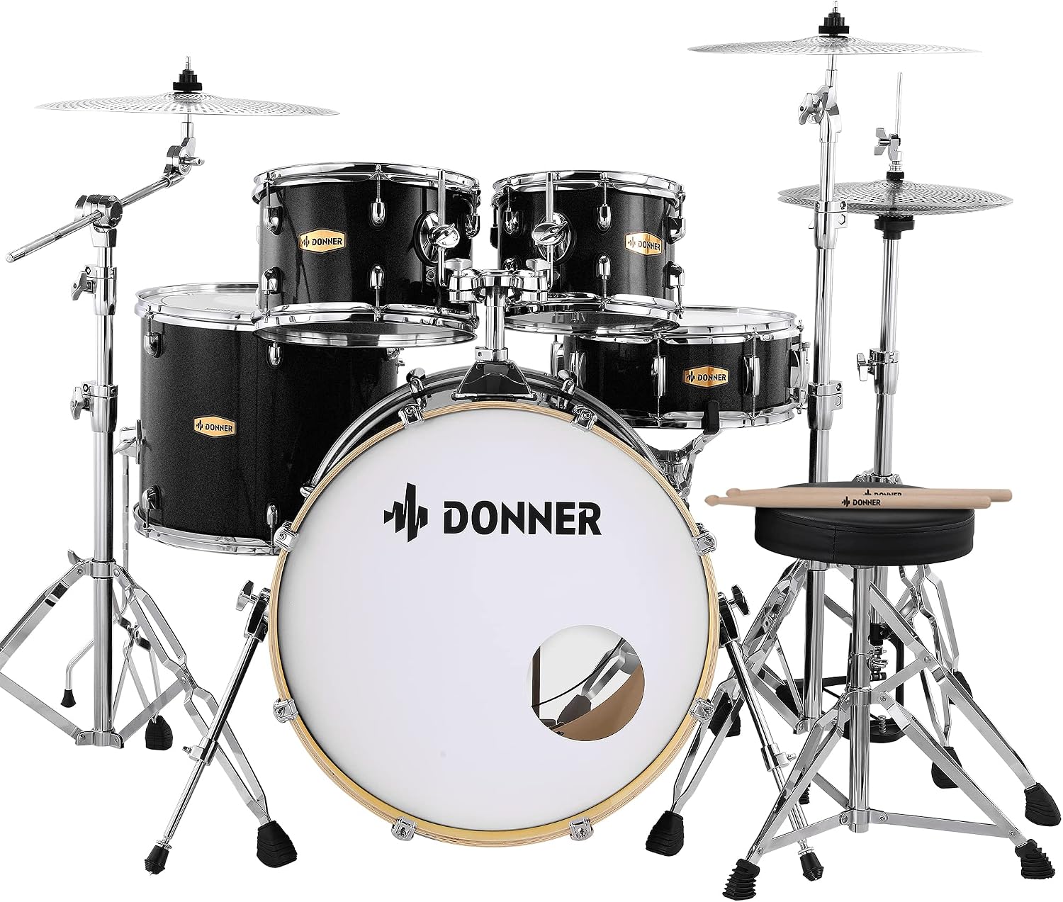 Donner Drum Set Adult with Practice Mute Pad,5-Piece 22 inch Full Size Acoustic Drum Kit, Black- DDS-520