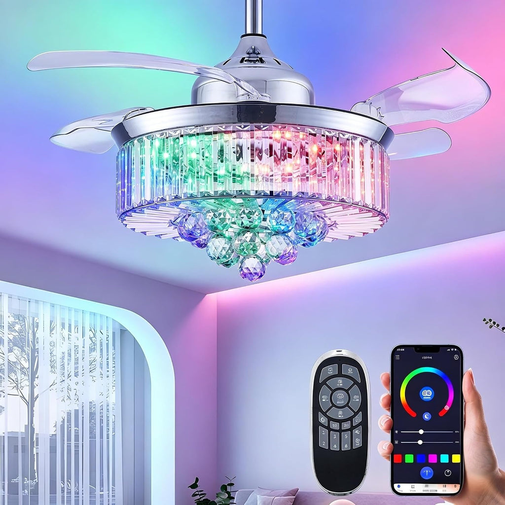 36' Retractable Crystal Ceiling Fan with Light, RGB Modern Fandelier 6 Speeds Reversible Blades Dimmable Chandelier Ceiling Fan with Remote App Control Memory Timer Silver