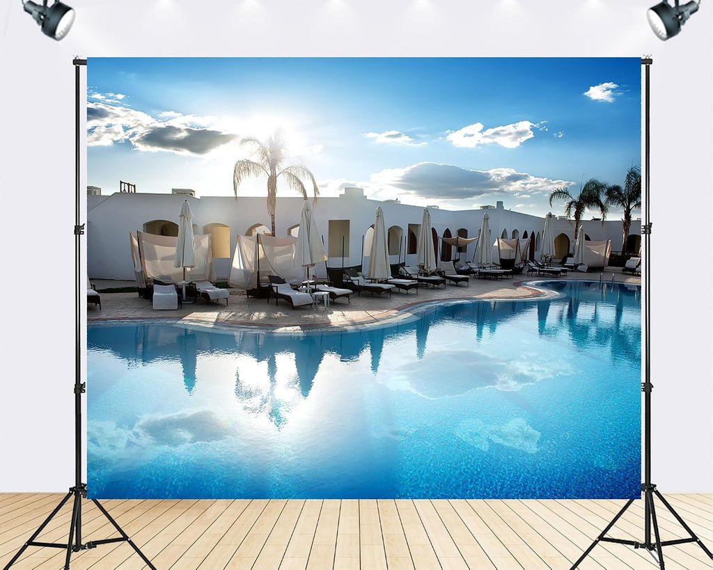 Trykid 20x10ft Tropical Resort Pool Backdrop White Cabanas Palm Trees Clear Blue Sky Photography Background Summer Vacation Luau Party Decoration Photo Booth Prop Fabric