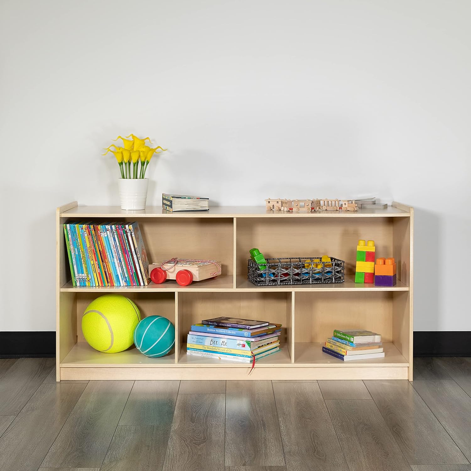 Flash Furniture Hercules Wooden 5 Section School Classroom Storage Cabinet for Commercial or Home Use - Safe, Kid Friendly Design - 24'H x 48'L (Natural)