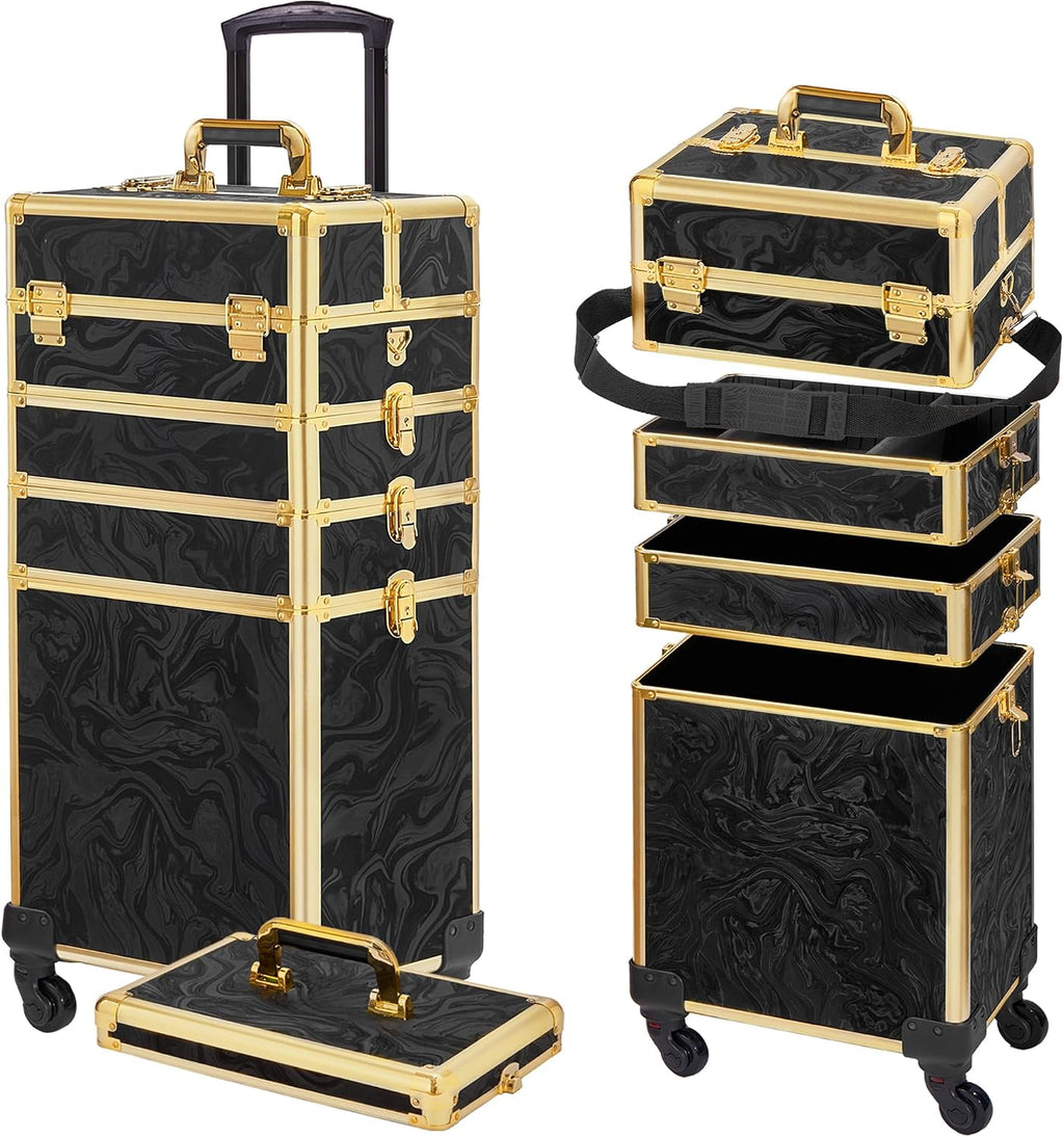 Somduy Rolling Makeup Case, Makeup Train Case with Lid, 5 in 1 Cosmetology Case on Wheels, Christmas Gift, Large Makeup Organizers, Profesional Cosmetic Case for Salon Barber, Pattern Black Gold