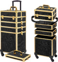 Somduy Rolling Makeup Case, Makeup Train Case with Lid, 5 in 1 Cosmetology Case on Wheels, Christmas Gift, Large Makeup Organizers, Profesional Cosmetic Case for Salon Barber, Pattern Black Gold