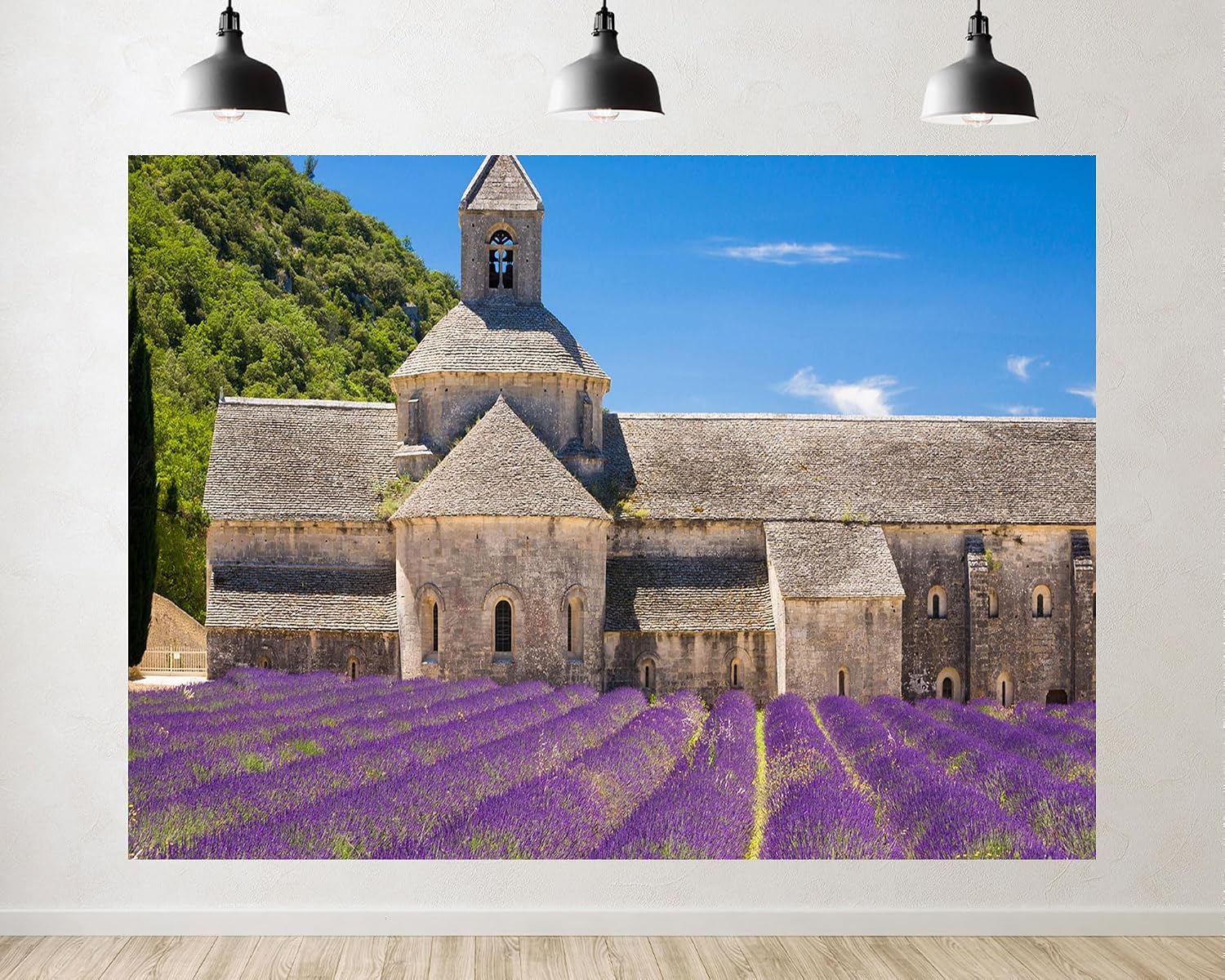 Trykid 20x10ft Lavender Field Backdrop Ancient Stone Church Clear Blue Sky Lush Green Hillside Rural Landscape Photography Background for Wedding Party Event Decoration Photo Booth Prop Fabric