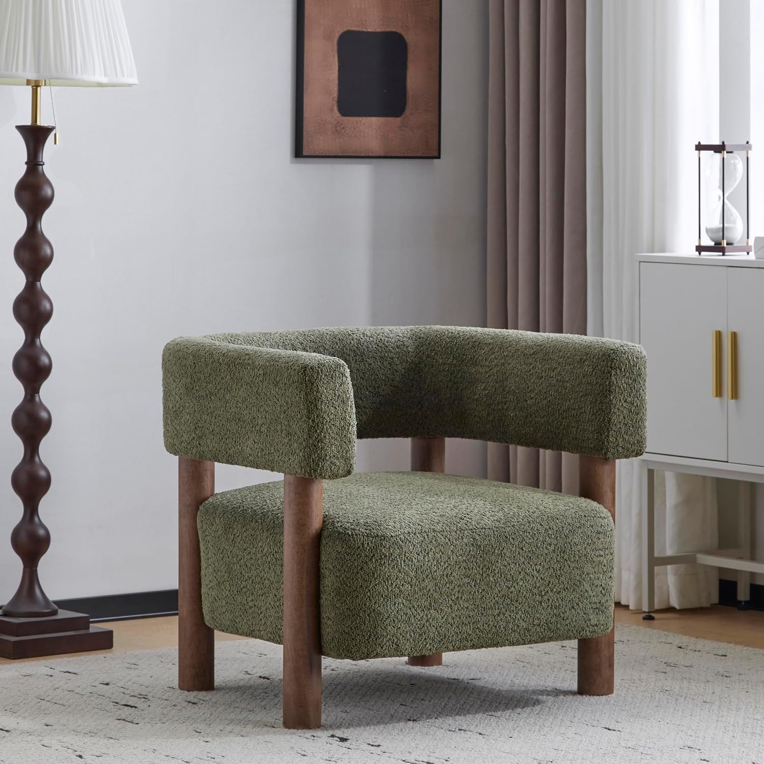 Christopher Knight Home Carly Low Profile Accent Chair, Round Backrest Side Chair, Living Room Armchair with Boucle Fabric Cushion,Comfy Reading Chair for Bedroom,Wooden Single Lounge Sofa,Olive Green