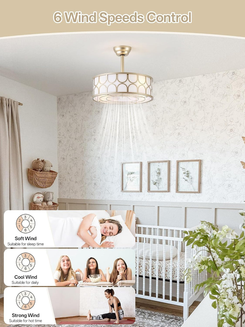 20' Gold Boho Fandelier Ceiling Fans with Lights, Caged Bladeless Ceiling Fan with Light Remote Control. Chandelier with 6 Speeds for Bedroom, Nursery, Living room.