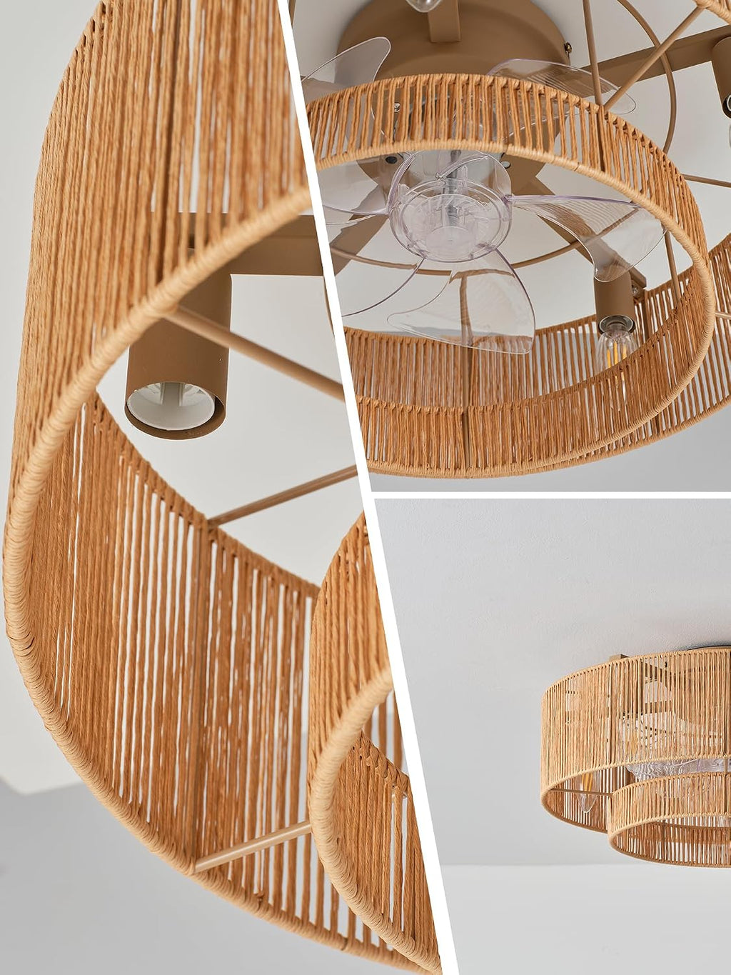 Boho Caged Ceiling Fan with Light, 20' Rattan Flush Mount Ceiling Fans with Lights Remote Contro, Bladeless Enclosed Fandelier Fan Safe for Bedroom, Living room, Nursery