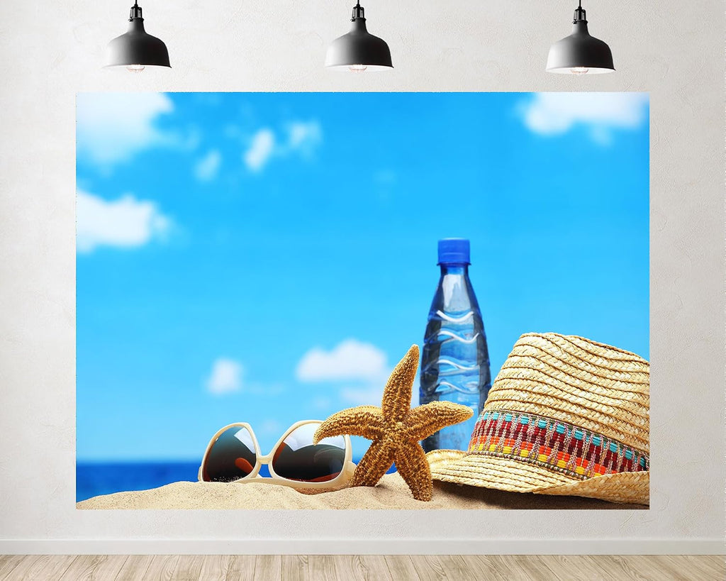 Trykid 20x10ft Beach Essentials Backdrop Straw Hat Starfish Sunglasses Clear Blue Sky Photography Background Vacation Luau Party Decoration Photo Booth Prop Fabric