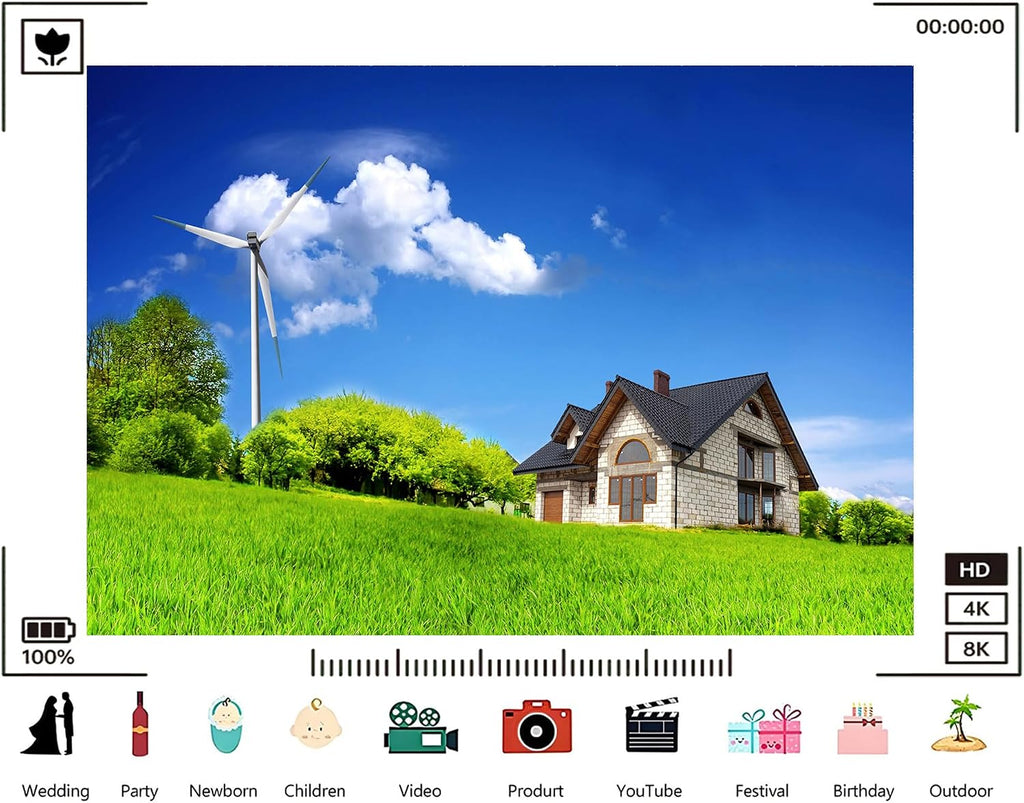 Trykid 20x10ft Friendly Country House Backdrop Wind Turbine Lush Green Fields Clear Blue Sky Clouds Photography Background Sustainable Party Decoration Photo Booth Prop Fabric