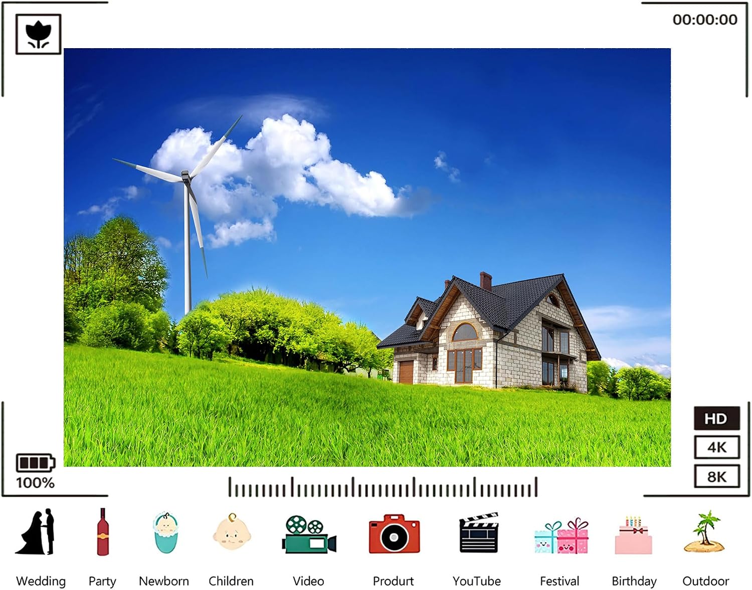 Trykid 20x10ft Friendly Country House Backdrop Wind Turbine Lush Green Fields Clear Blue Sky Clouds Photography Background Sustainable Party Decoration Photo Booth Prop Fabric