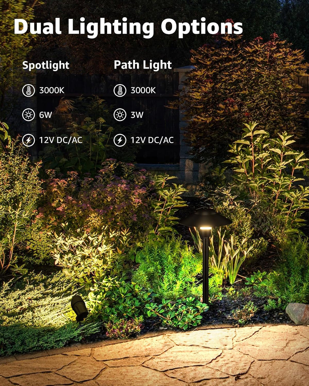 SUNVIE All-in-ONE Landscape Lighting Kit 6-Pack LED Outdoor Pathway Lights, 2-Pack Spotlights, 60W Transformer, 100FT 16/2 AWG Wire and Connectors Outdoor Landscape Lighting for Walkway Garden Yard