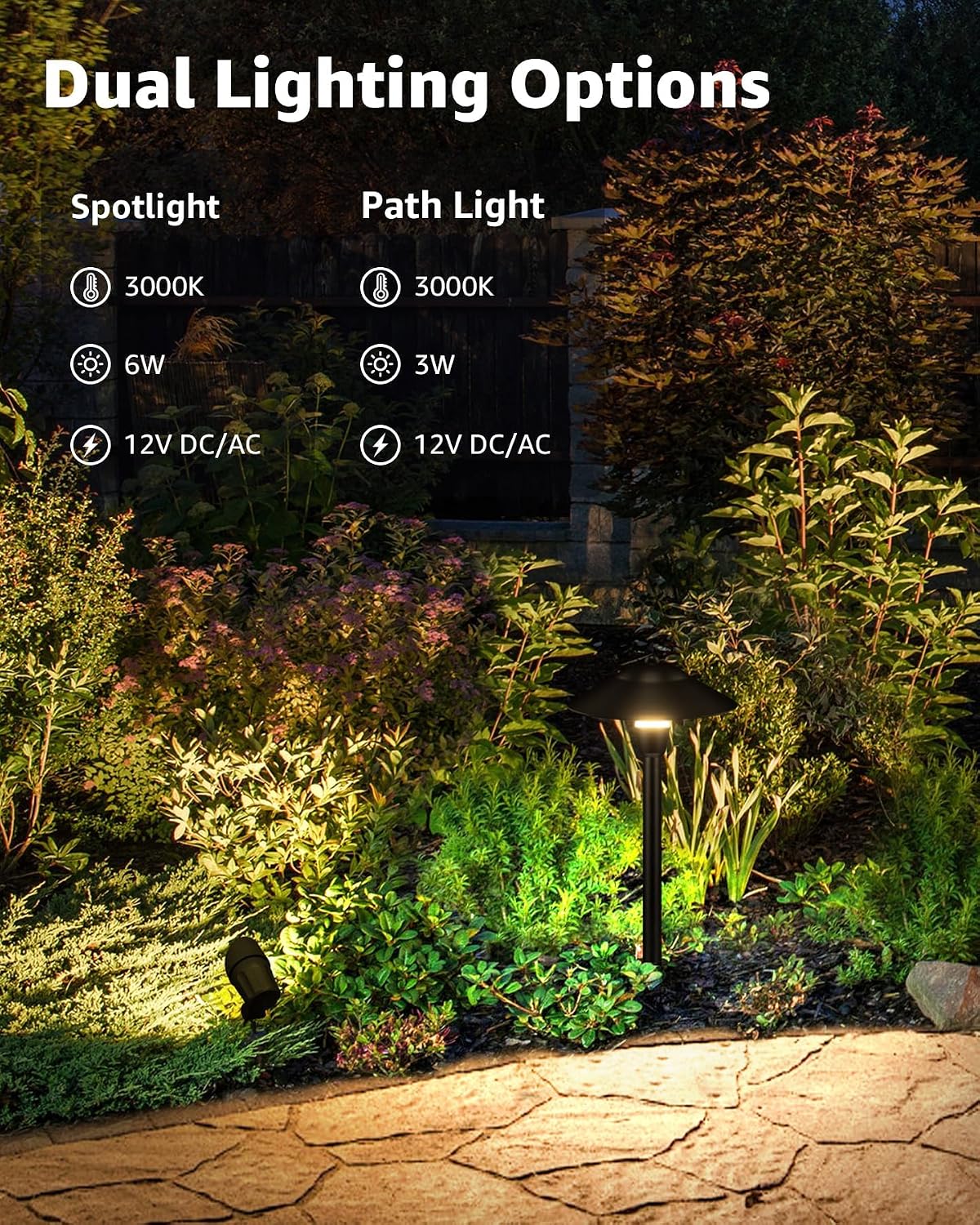 SUNVIE All-in-ONE Landscape Lighting Kit 6-Pack LED Outdoor Pathway Lights, 2-Pack Spotlights, 60W Transformer, 100FT 16/2 AWG Wire and Connectors Outdoor Landscape Lighting for Walkway Garden Yard