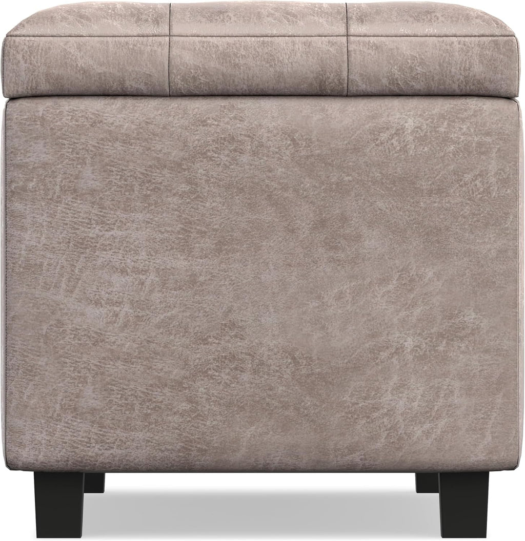 SIMPLIHOME Cosmopolitan Storage Ottoman - 34 inch Wide Upholstered Vegan Leather Rectangle Storage Ottoman Bench in Distressed Grey Taupe, Transitional Tufted Ottoman for Living Room with Lift-Up Lid