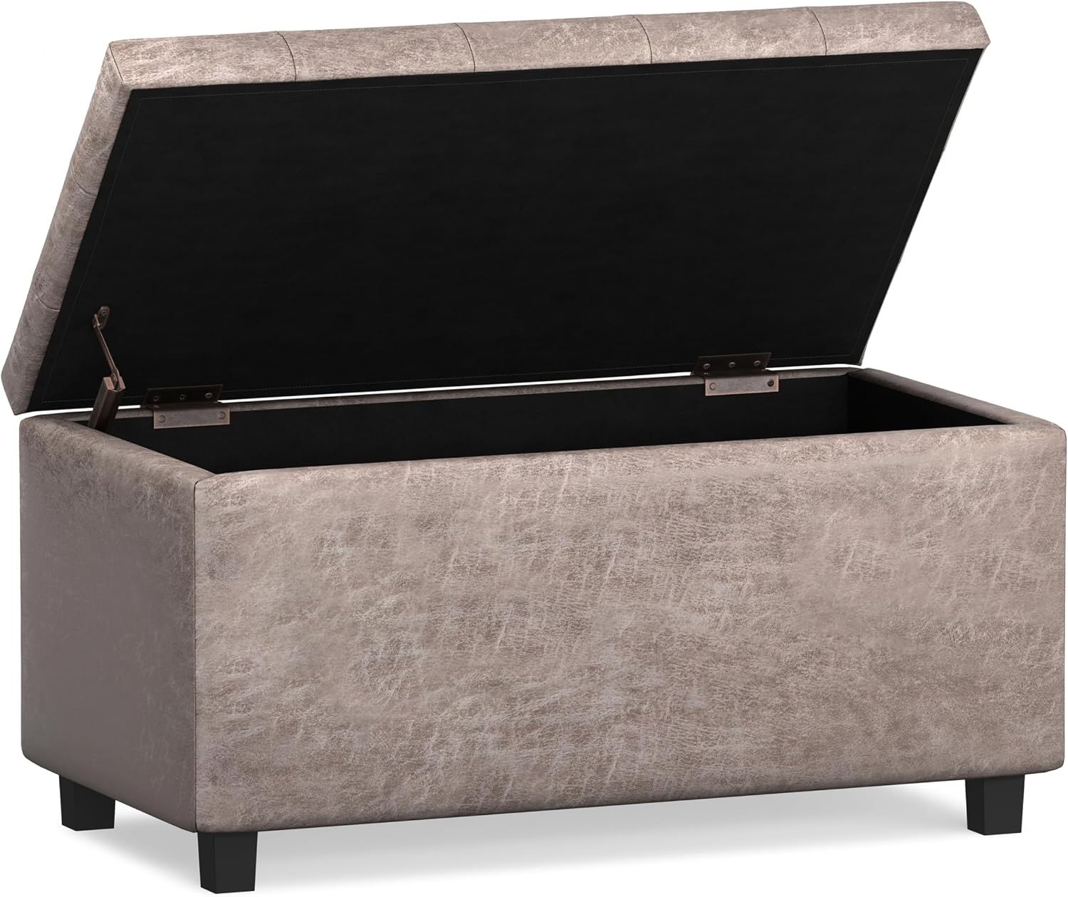 SIMPLIHOME Cosmopolitan Storage Ottoman - 34 inch Wide Upholstered Vegan Leather Rectangle Storage Ottoman Bench in Distressed Grey Taupe, Transitional Tufted Ottoman for Living Room with Lift-Up Lid