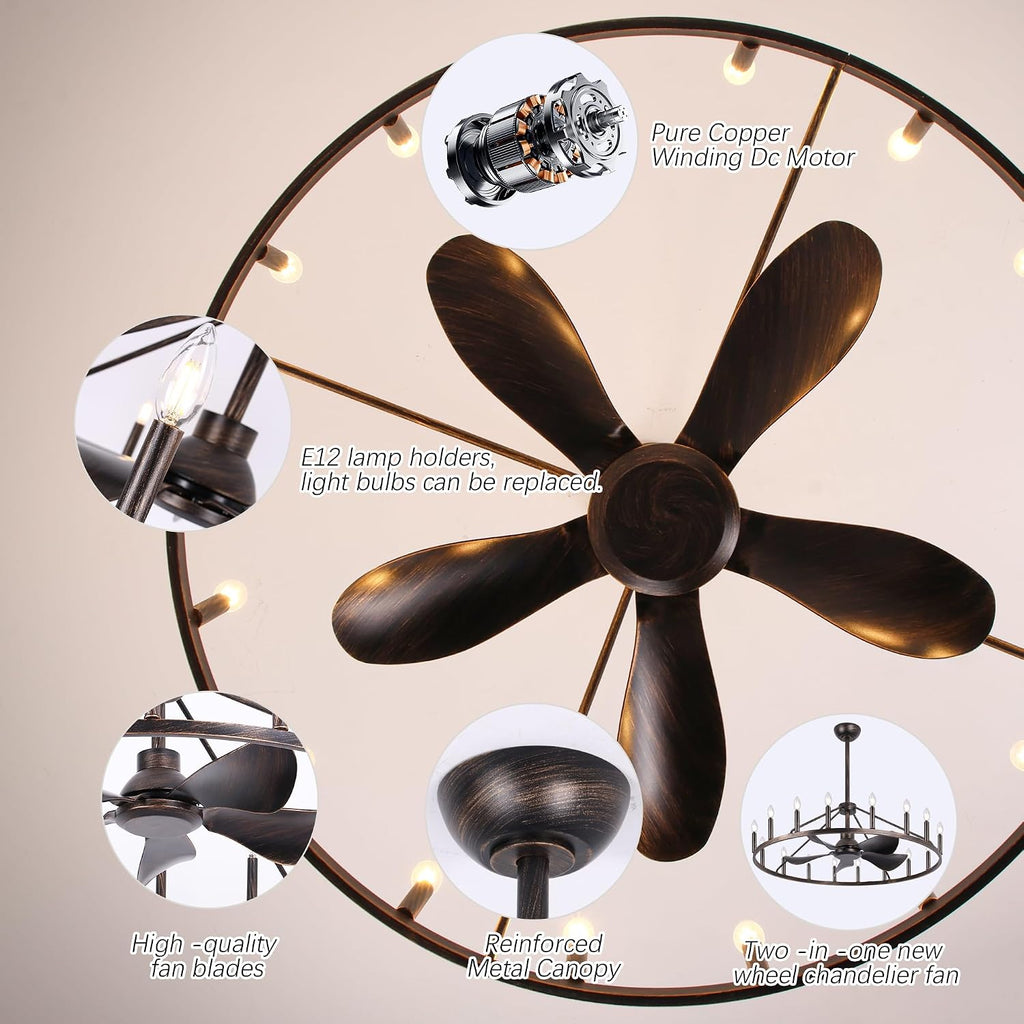 Farmhouse Chandelier Ceiling Fan with Light and Remote, 16-Lights Large Wagon Wheel Fandelier with Candle for Living Room,Rustic Antique Bronze Fan with Big Light Fixture for Loft