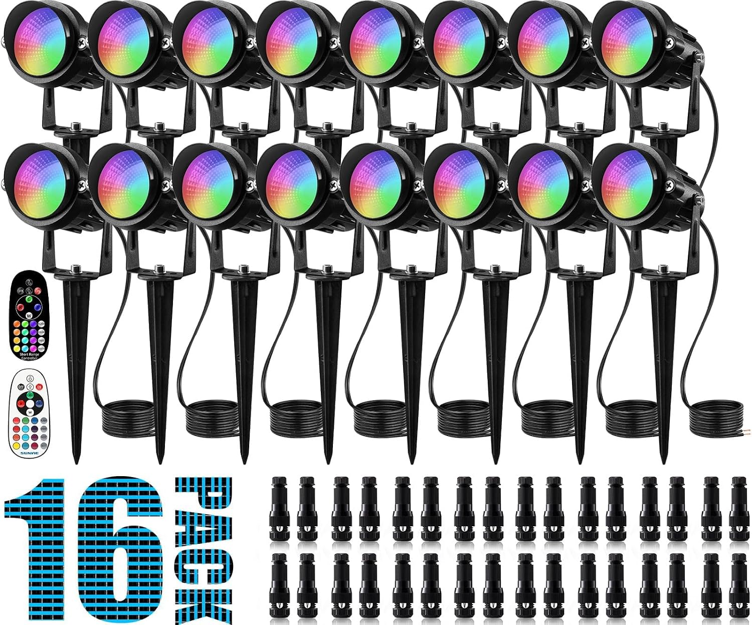 SUNVIE RGBW Low Voltage Landscape Lighting 12W LED Color Changing Landscape Lights Remote Control Waterproof Spotlights Outdoor Landscaping Lights for Yard Garden Christmas 16 Pack with Connector